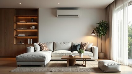 Serene Living Room Interior Design Featuring a Modern Sectional Sofa, Wooden Coffee Table, and Ambient Lighting