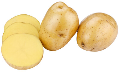 Group young potatoes sliced in circles isolated on a transparent background. Full depth of field. PNG.
