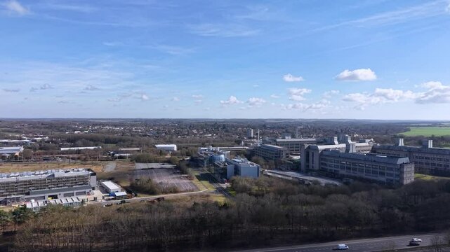 Glaxosmithkline, Stevenage aerial view across biotechnology laboratory facility in UK countryside