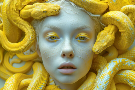 A close up of a woman's face with a yellow snakes wrapped around around her neck and head. Abstract modern art portrait.