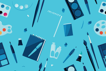 Create a seamless vector pattern featuring charming hand-drawn art supplies pencils, paintbrushes, palettes, erasers, and rulers.  Style should be whimsical and colorful.