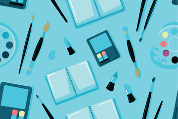 Create a seamless vector pattern featuring hand-drawn art supplies pencils, paintbrushes, palettes, rulers, erasers, and more.  Style should be whimsical and colorful.
