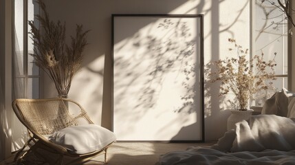 Sunlit bedroom with wicker chair, linen bedding, dried flowers, and a large blank poster.