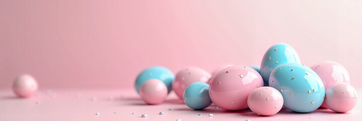 Colorful Easter eggs in pastel pink and blue resting on a soft gradient background, festive spring celebration concept.