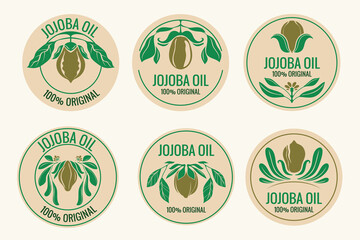 Obraz premium Beautiful jojoba oil label collection with jojoba plant and flower background