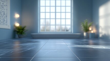 Fototapeta premium Sunlit blue room with large window, plants, and tiled floor.