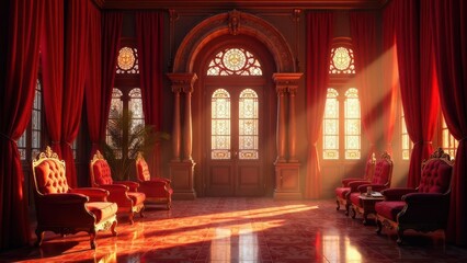 Fototapeta premium Sunlit Grand Hall with Ornate Seating and Stained Glass Windows