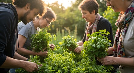 Happy people harvesting fresh herbs in a garden healthy lifestyle food soil mint green rural basil
