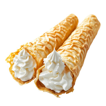 Norwegian krumkake rolled waffle cookies with whipped cream isolated on transparent white background