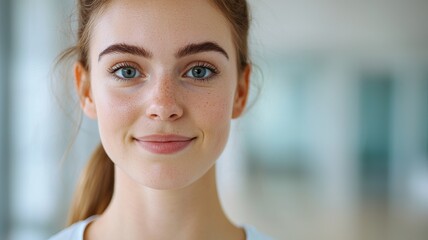 Obraz premium Smiling young woman portrait indoor setting photography natural light close-up personal connection