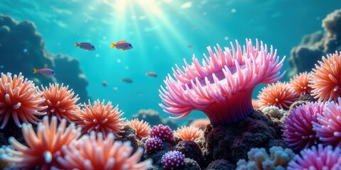 Fototapeta premium Vibrant Underwater Scene Featuring Coral and Small Fish Swimming in Sunlit Ocean Depths
