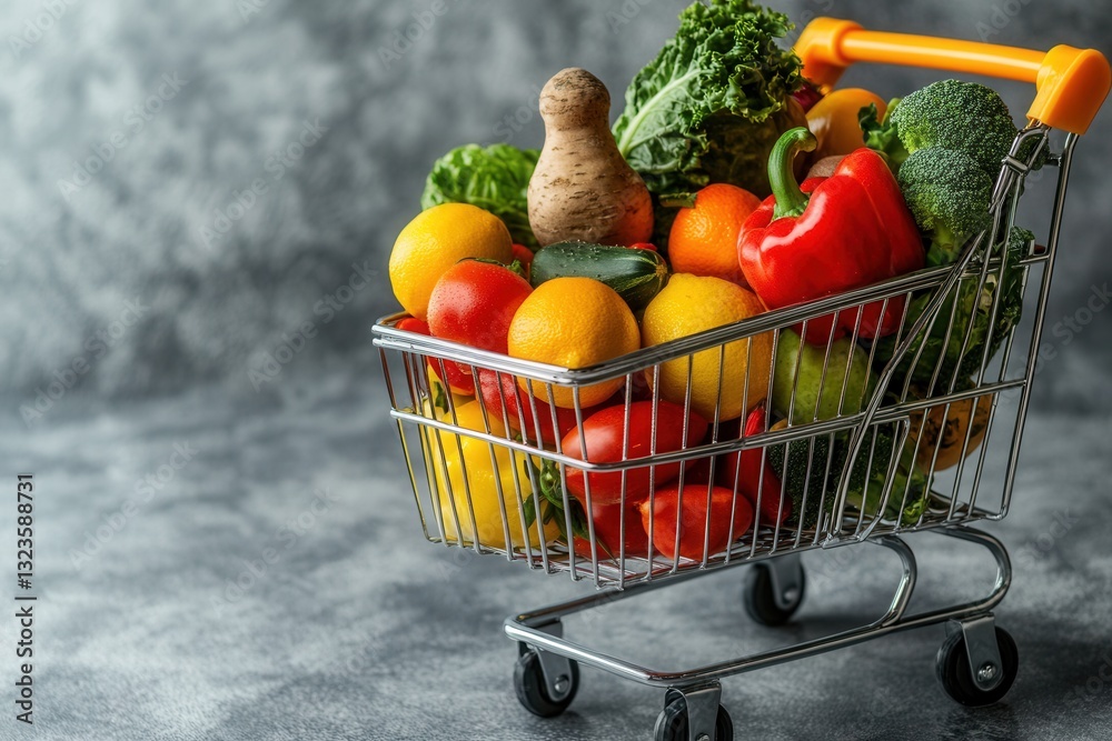 Poster modern shopping cart filled with fresh fruits and vegetables in a soft, minimalistic setting capturi