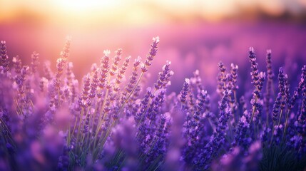 Vibrant lavender field bathed in warm light, creating a peaceful atmosphere.
