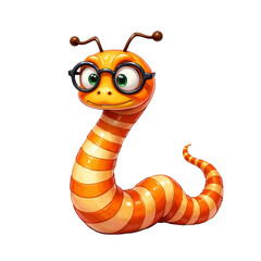 Fototapeta premium Cartoon orange worm wearing glasses with transparent background