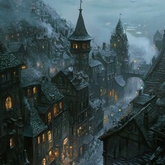 Enchanted Medieval Town at Night: A Digital Painting