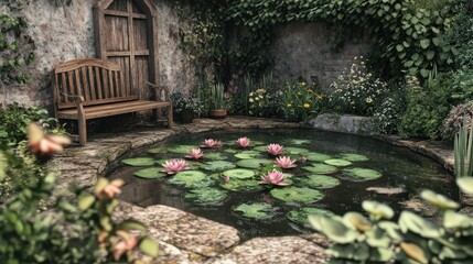 Serene Garden Oasis: Tranquil Pond with Water Lilies and Wooden Bench