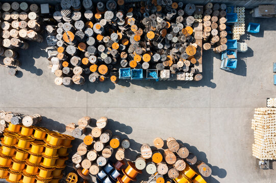 Aerial View of Cable Reels in a Factory Storage Area