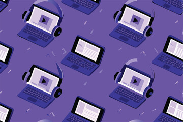 Create a seamless vector pattern featuring a variety of digital devices, including laptops, tablets, and smartphones, arranged in a modern and stylish design.