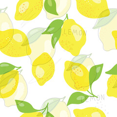 Fresh yellow fruits of lemon, lime, with green leaves and flowers. Seamless citrus texture on a white background. Whole lemon slice. Doodle Minimal Style. Black line. Vector illustration.