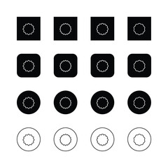 Minimalist icon set, geometric shapes, circular patterns, jagged edges, smooth curves, black and white design, symmetrical layouts, abstract sunburst motifs, simplified floral shapes, graphic design.