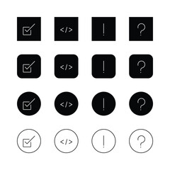 Icon set, minimalist design, user interface symbols, checkmark, code brackets, exclamation point, question mark, black and white, square icons, rounded icons, circular icons, outline style, vector