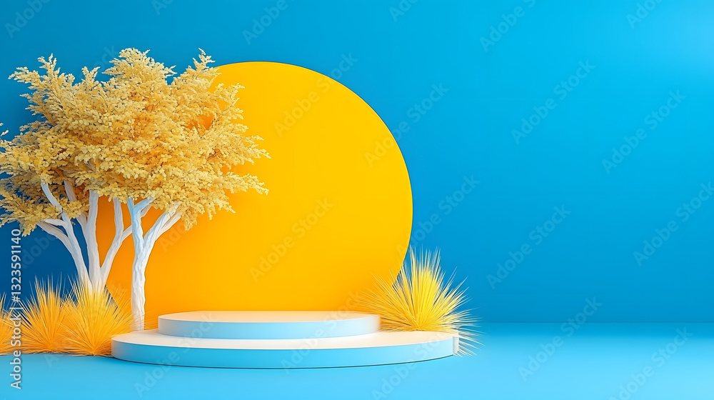 Poster dynamic minimalist graphic showcase with nature elements blue and yellow background studio setup