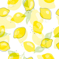 Fresh yellow fruits of lemon, lime, with green leaves and flowers. Seamless citrus texture on a white background. Whole lemon slice. Doodle Minimal Style. Black line. Vector illustration.