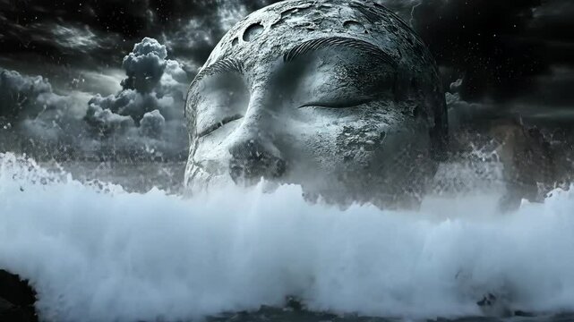 Large abstract statue of a face emerging from crashing waves under a stormy sky at dusk with dramatic cloud formations
