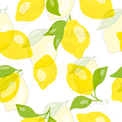 Obraz premium Fresh yellow fruits of lemon, lime, with green leaves and flowers. Seamless citrus texture on a white background. Whole lemon slice. Doodle Minimal Style. Black line. Vector illustration.