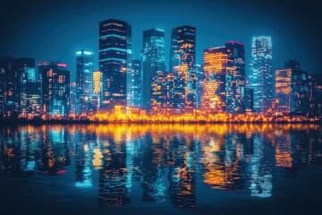 Fototapeta premium Modern skyline at night with vibrant city lights reflecting on water