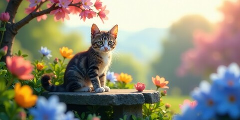 A charming tabby kitten serenely sits amidst a vibrant tapestry of spring blossoms, bathed in the warm glow of a sunlit garden.