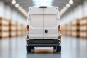 A white commercial delivery van is showcased from the rear, featuring a large blank back glass and doors, ideal for fleet branding in a softly blurred warehouse environment