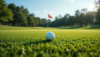 Idyllic Golf Course Setting with Ball on Green and Distant Flag