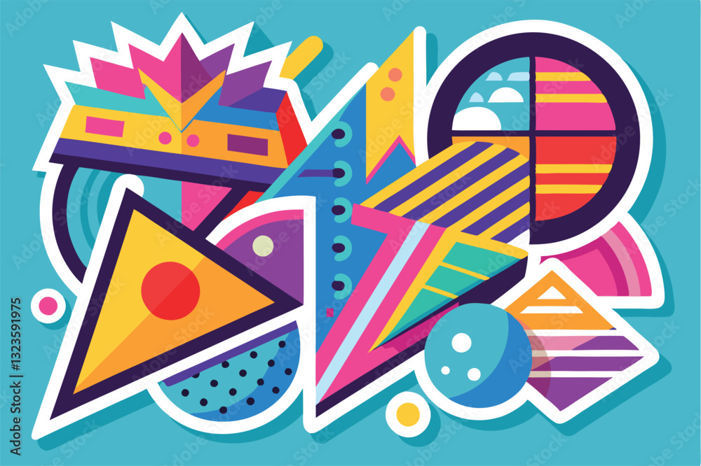 Poster colorful vector illustration of various geometric shapes and playful elements arranged against a vib