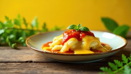 A delectable pasta dish, featuring creamy cheese sauce and vibrant tomato topping, artfully presented on a rustic wooden surface.