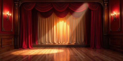 Illuminated Stage with Crimson and Gold Drapes in an Elegant Wooden Room