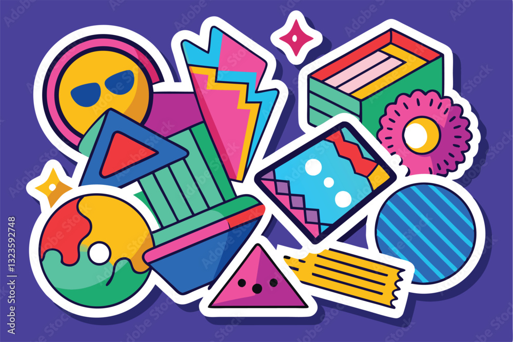 Aufkleber colorful vector illustration of various geometric shapes and playful elements arranged against a vib
