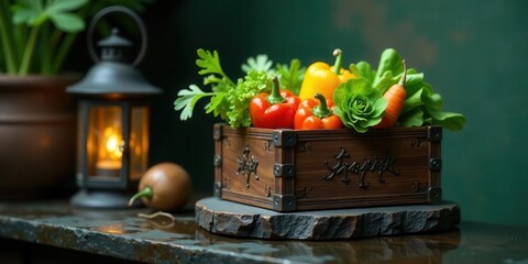 A rustic wooden box overflowing with vibrant, freshly harvested vegetables, nestled on a dark stone surface beside a softly glowing lantern and potted plant.
