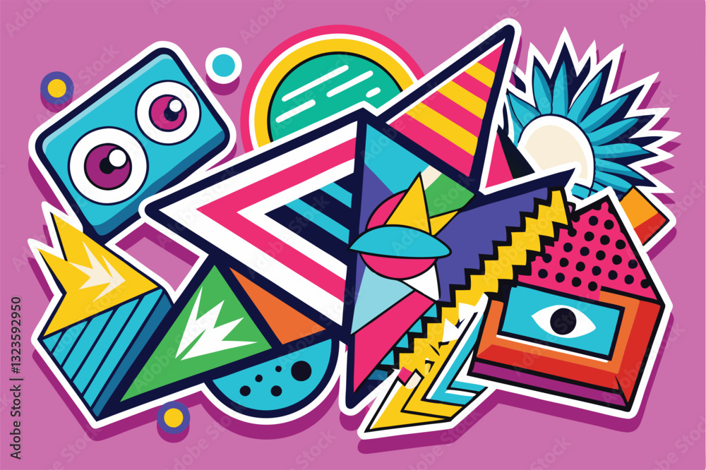 Poster colorful vector illustration of various geometric shapes and playful elements arranged against a vib