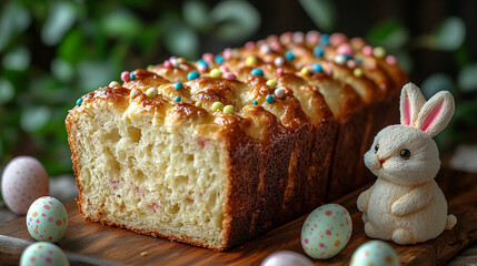 A traditional Easter cake with white icing and colorful sprinkles on a wooden table, surrounded by painted eggs and natural dyed Easter eggs, warm festive atmosphere.