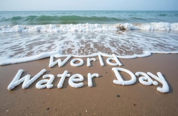 White World Water Day sign on sandy beach with waves