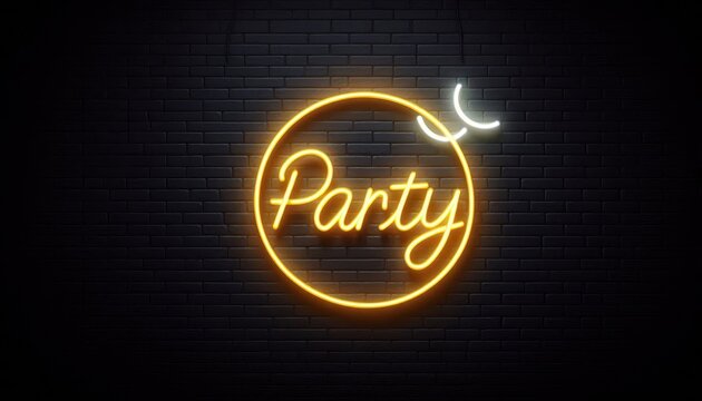 Yellow neon sign with word Party inside glowing circle on dark brick wall background. Nightlife club and celebration design for event themes