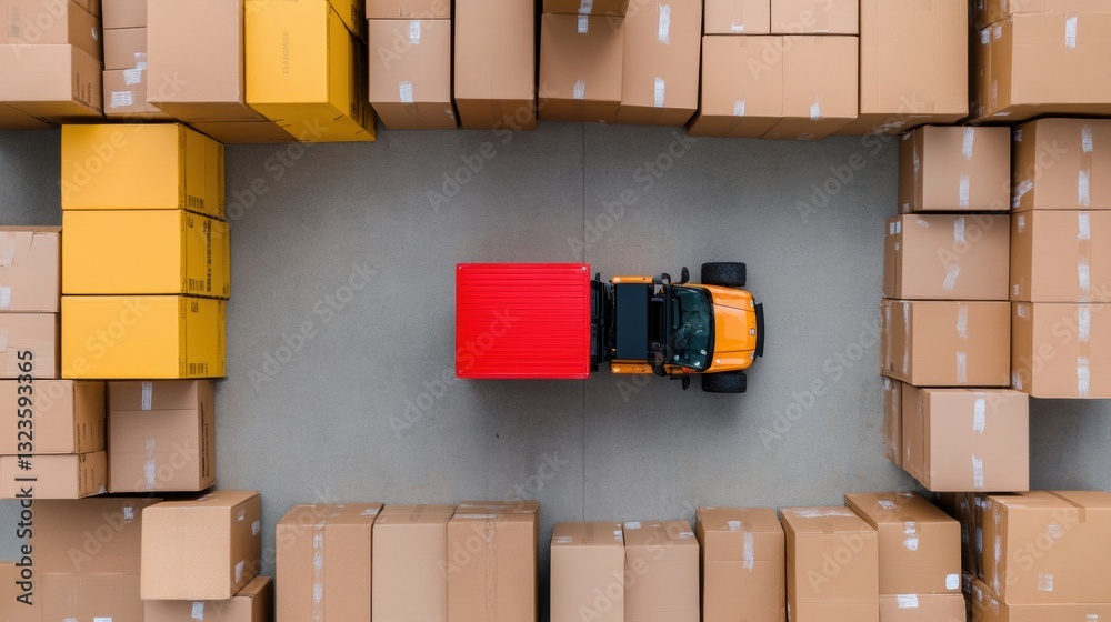 Aufkleber Smart Logistics Revolution Aerial View of Precision Warehouse Automation with Color-Coded Forklift Optimizing Supply Chain Efficiency and Digital Inventory Management