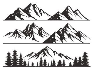 Stylized Mountain Silhouette Vector Illustration: Eight Black Graphic Designs on White Background"