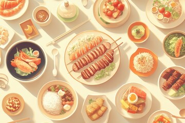Colorful Display of Various International Dishes Arranged on a Table for a Delightful Culinary Experience