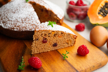 Delicious whole wheat vegan cake with papaya and nuts.
