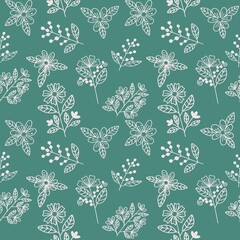 seamless pattern with flowers and leafs on green background 