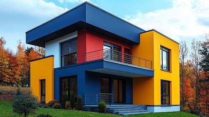Modern colorful house in a vibrant autumn landscape with trees in the background