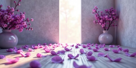 Obraz premium Serene Light Illuminates Delicate Pink Blossoms and Scattered Petals on a Wooden Surface