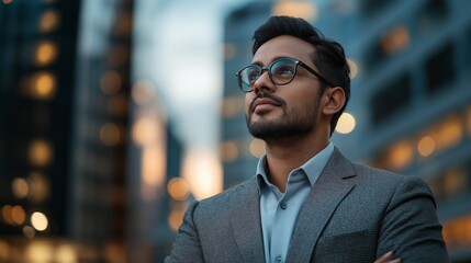 Obraz premium A confident eastern Indian businessman stands poised in a bustling cityscape as the sun sets, reflecting ambition and vision against a backdrop of modern architecture